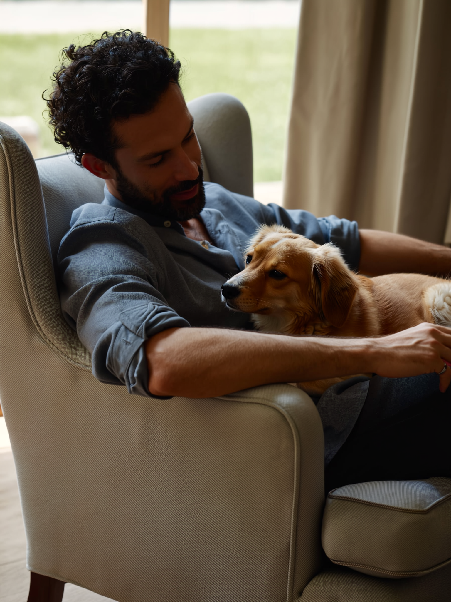 Pet owner relaxing in an armchair with a small dog resting on their lap.