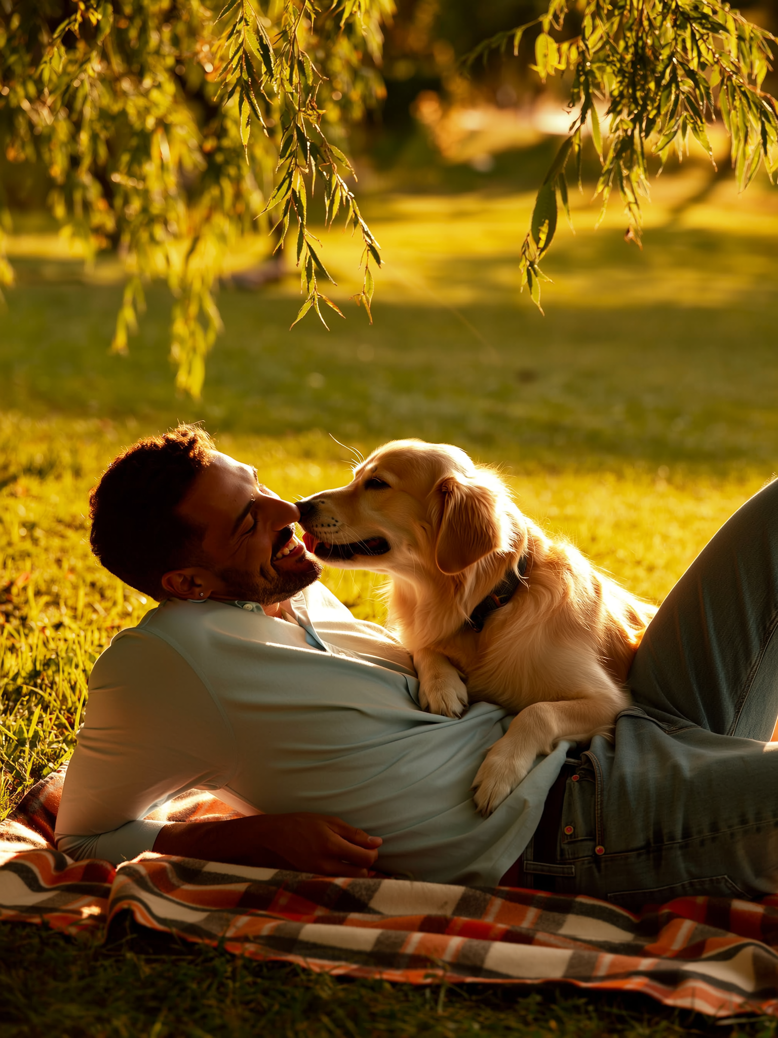 Man with dog, relaxing in the park.
